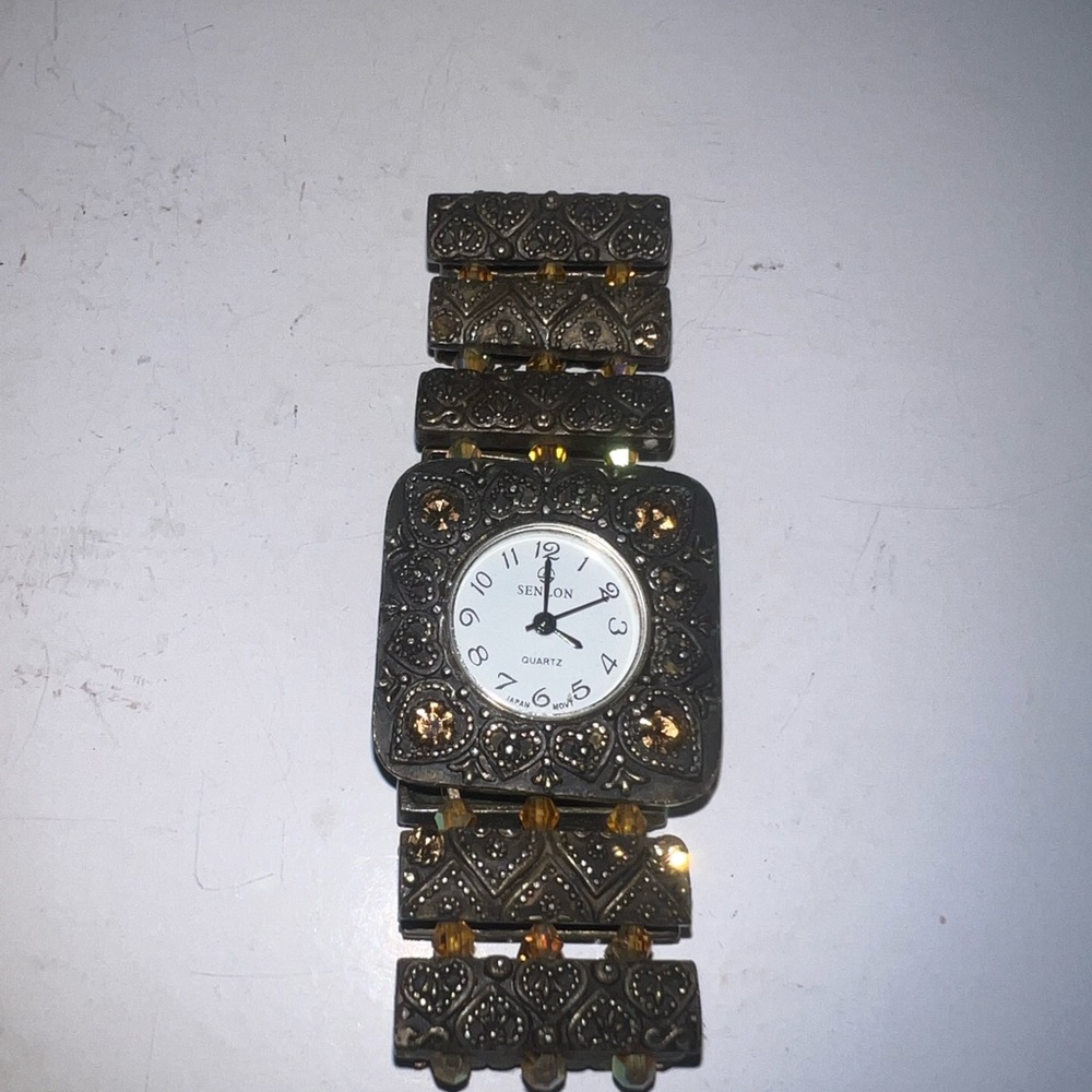 SENON Quartz Women's‎ Square Bezel Stretch Bracelet Watch Rhinestone Embellished